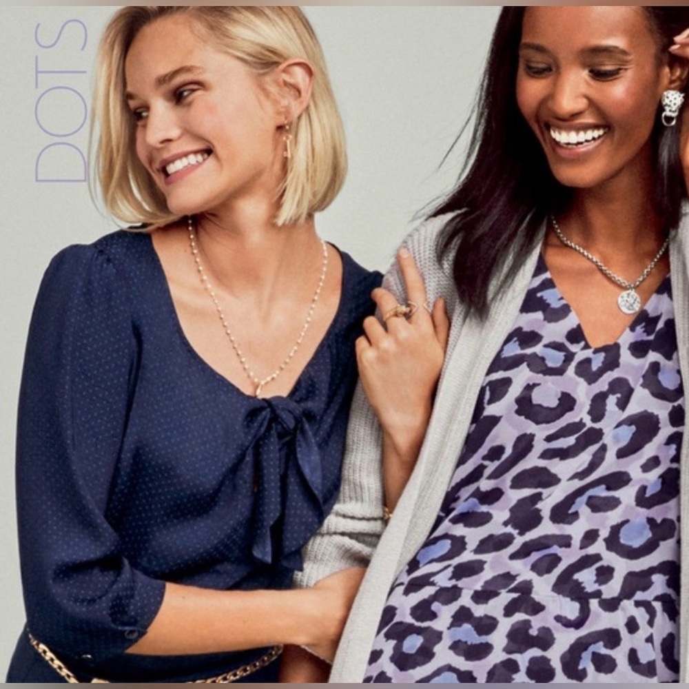 CAbi Knot Blouse 5525 size S Navy Dot Tie-Neck Blouse